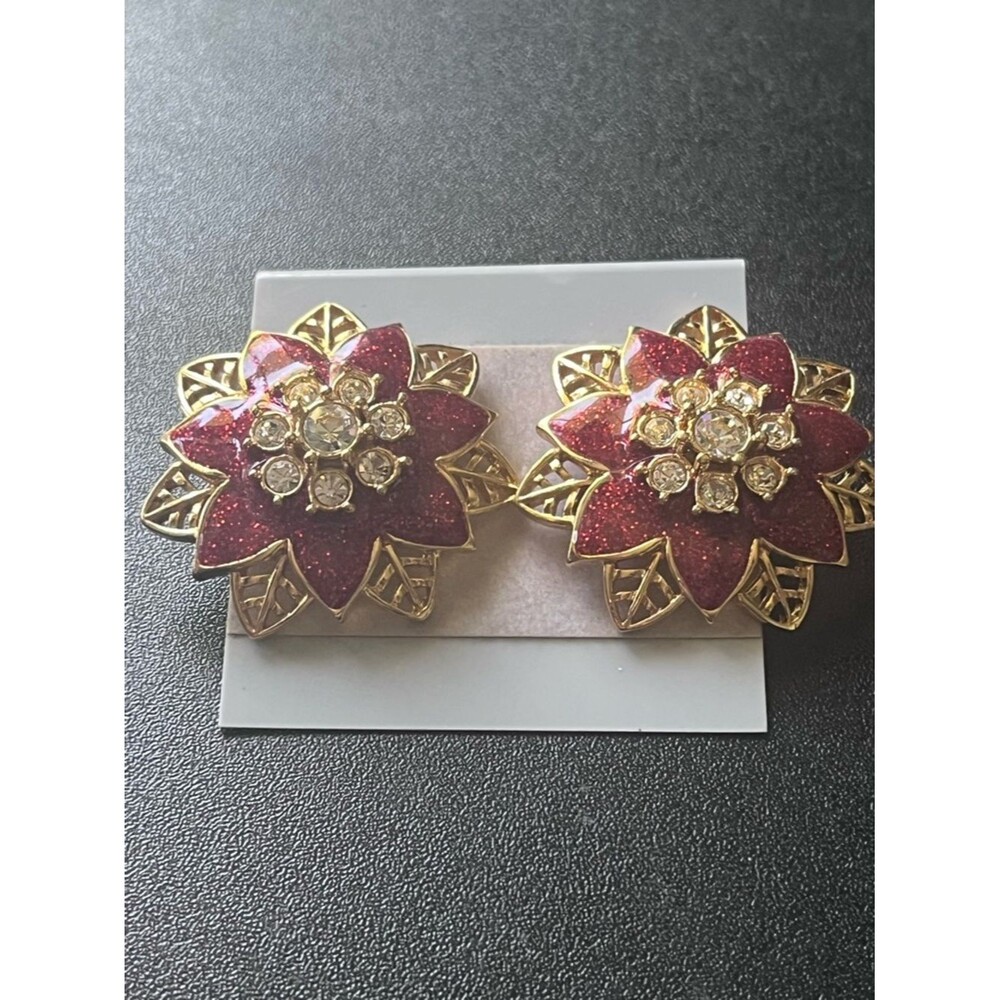 Vtg 1992 Avon Festive Sparkle Poinsettia Earrings Red Enamel